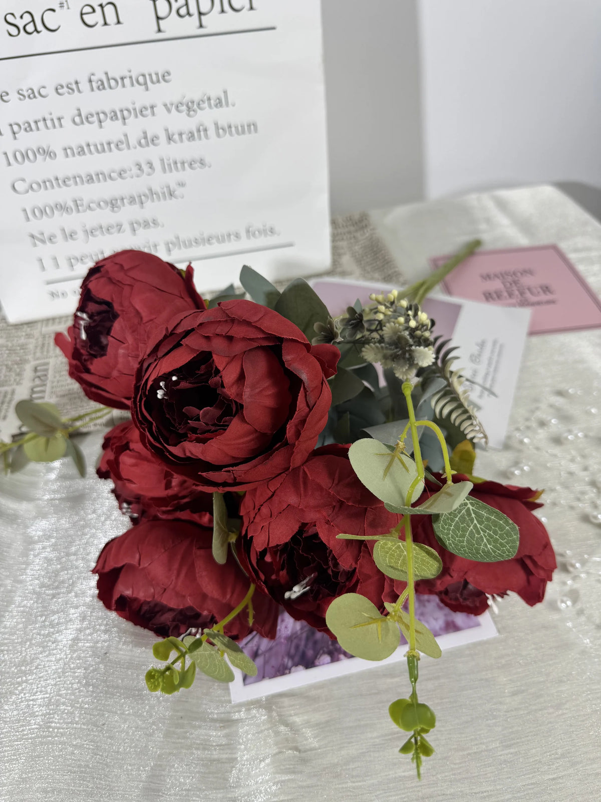Buchet de trandafiri artificiali, 9 flori, 45 cm, bordo, Ruyidecor