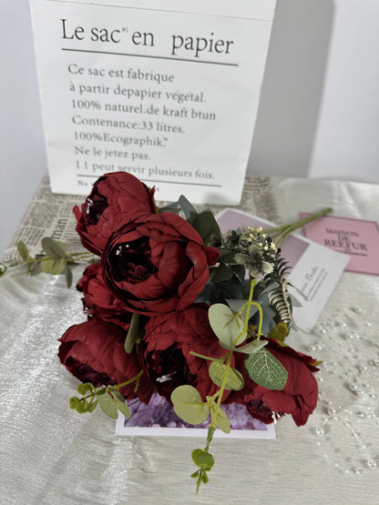 Buchet de trandafiri artificiali, 9 flori, 45 cm, bordo, Ruyidecor
