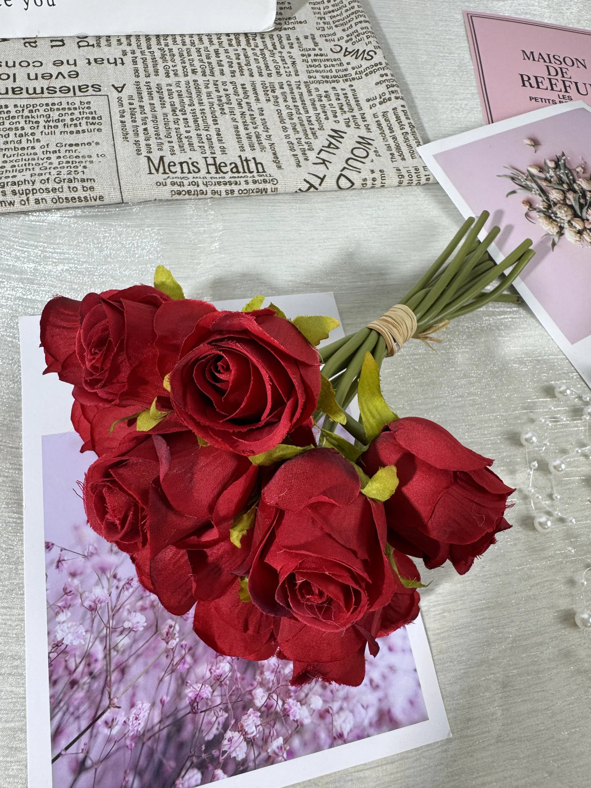 Buchet de trandafiri artificiali catifelati, 12 flori, 40 cm, rosu, Ruyidecor