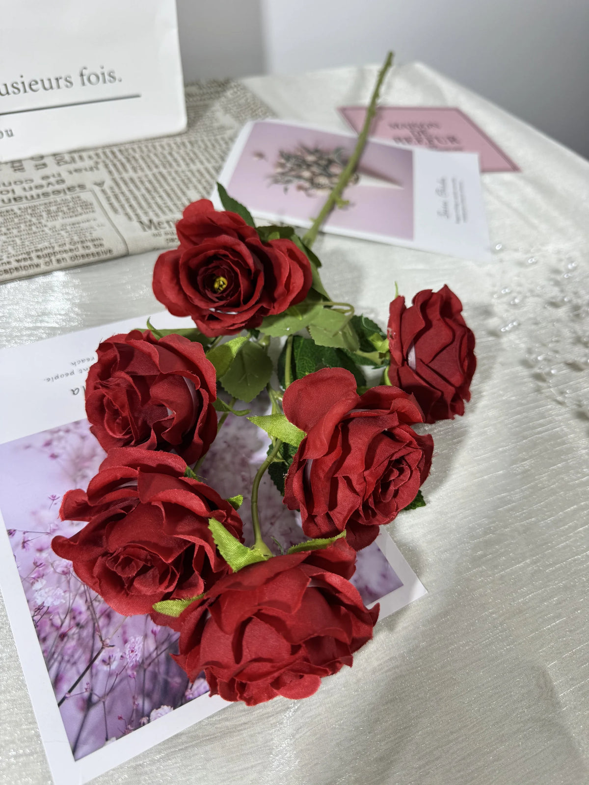 Buchet de trandafiri artificiali cu tija, 6 flori, 85 cm, rosu, Ruyidecor