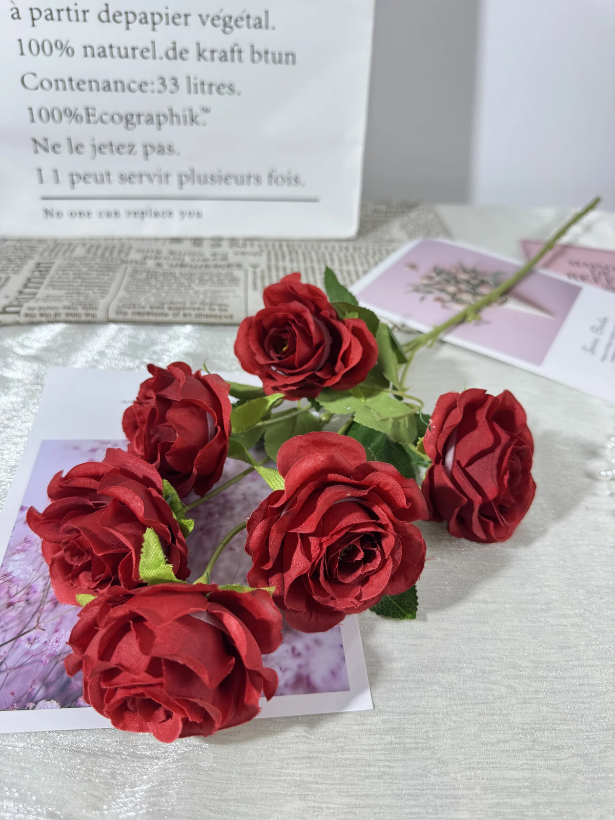 Buchet de trandafiri artificiali cu tija, 6 flori, 85 cm, rosu, Ruyidecor