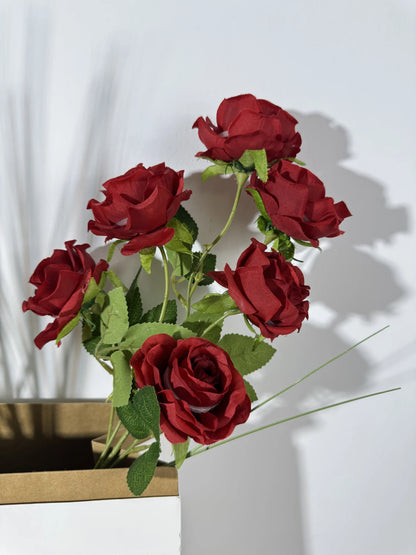 Buchet de trandafiri artificiali cu tija, 6 flori, 85 cm, rosu, Ruyidecor
