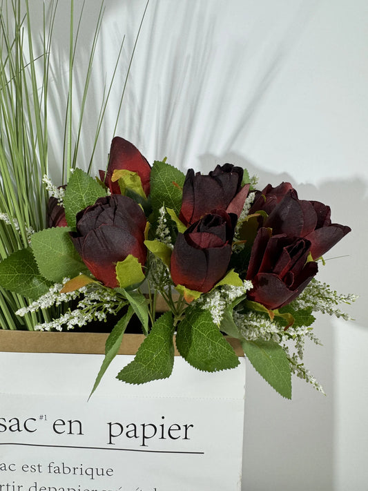 Buchet floral artificial cu tije si frunze, 15 flori, 45 cm, bordo, Ruyidecor