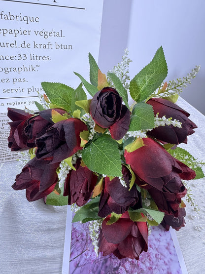 Buchet floral artificial cu tije si frunze, 15 flori, 45 cm, bordo, Ruyidecor