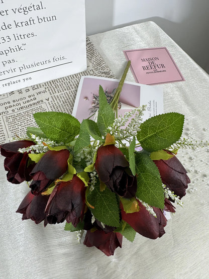 Buchet floral artificial cu tije si frunze, 15 flori, 45 cm, bordo, Ruyidecor