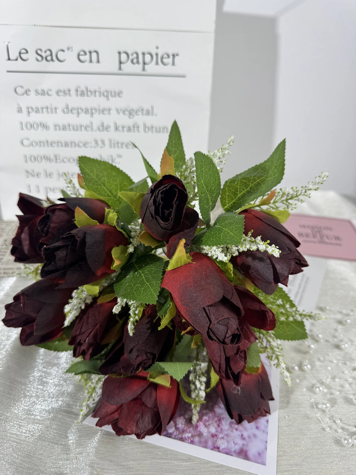 Buchet floral artificial cu tije si frunze, 15 flori, 45 cm, bordo, Ruyidecor