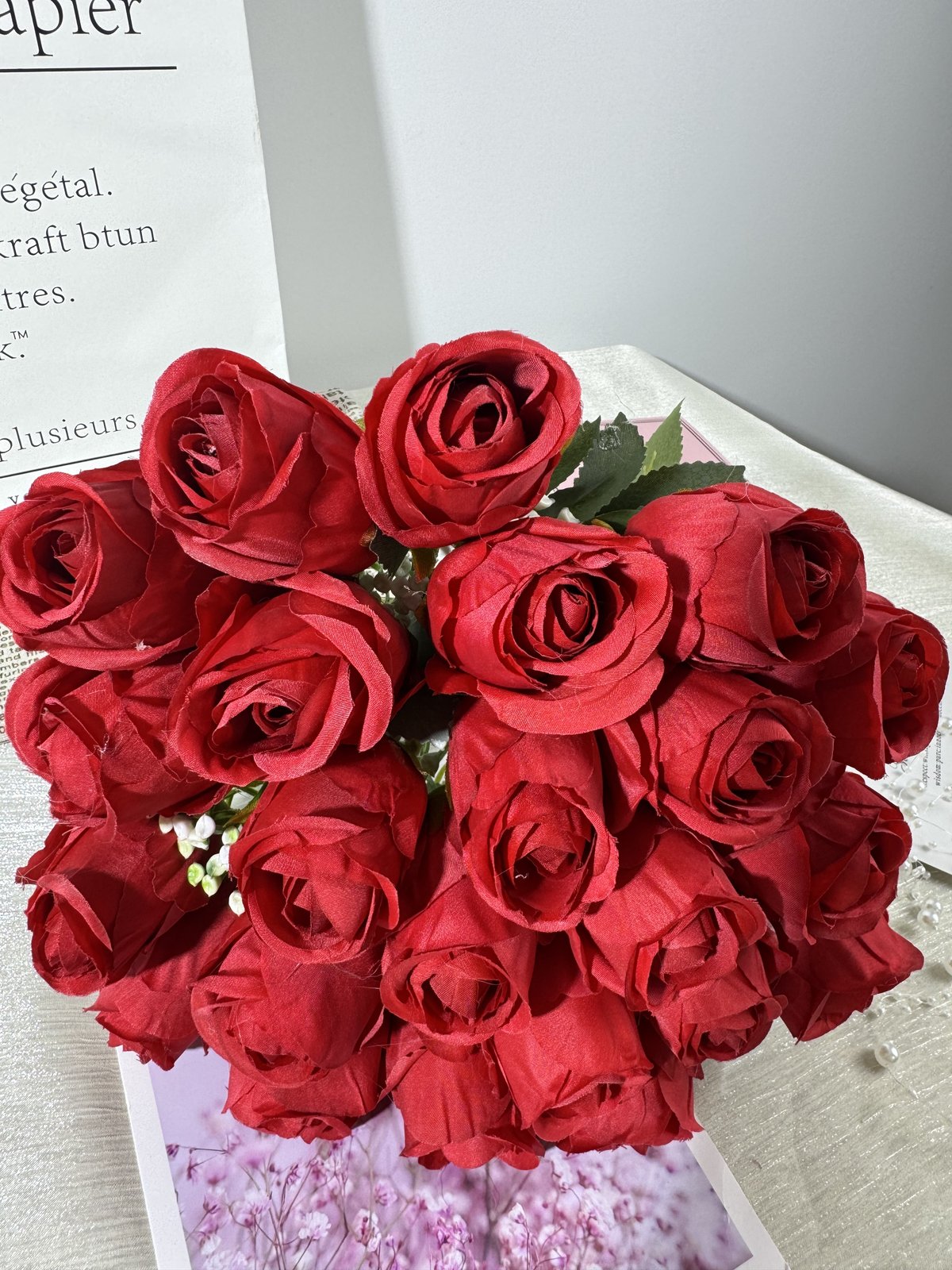 Buchet trandafiri artificiali, 24 flori, 45 cm, rosu, Ruyidecor