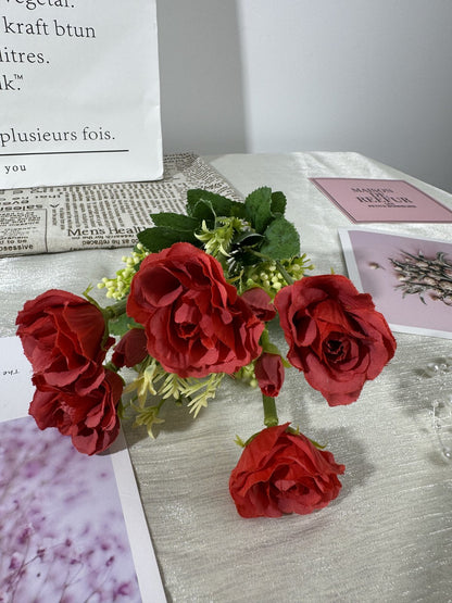 Buchet trandafiri artificiali cu verdeata, 35 cm, rosu, Ruyidecor