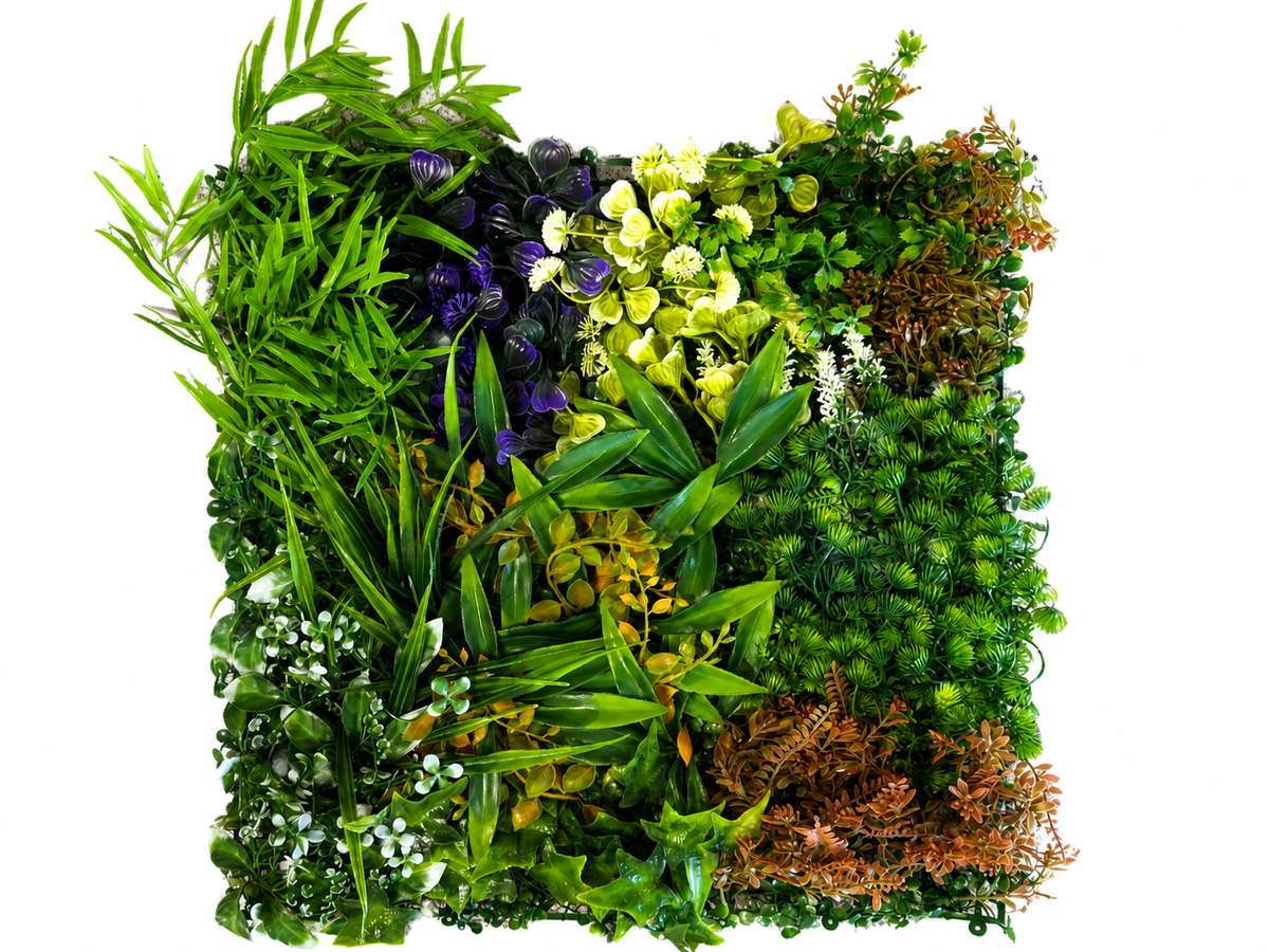 Panou Decorativ Artificial Mix Plante Verzi și Accente Color Premium, 50 x 50 cm