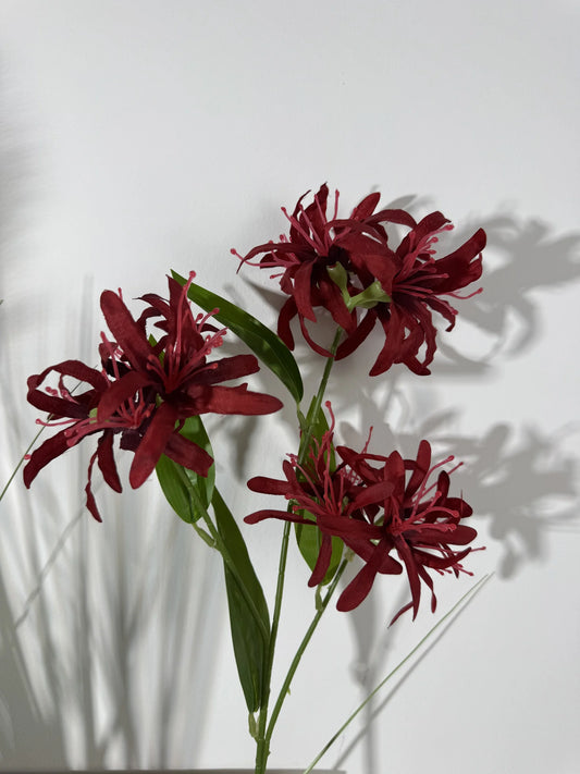 Crizantema artificiala cu tija, 3 flori, 85 cm, bordo, Ruyidecor