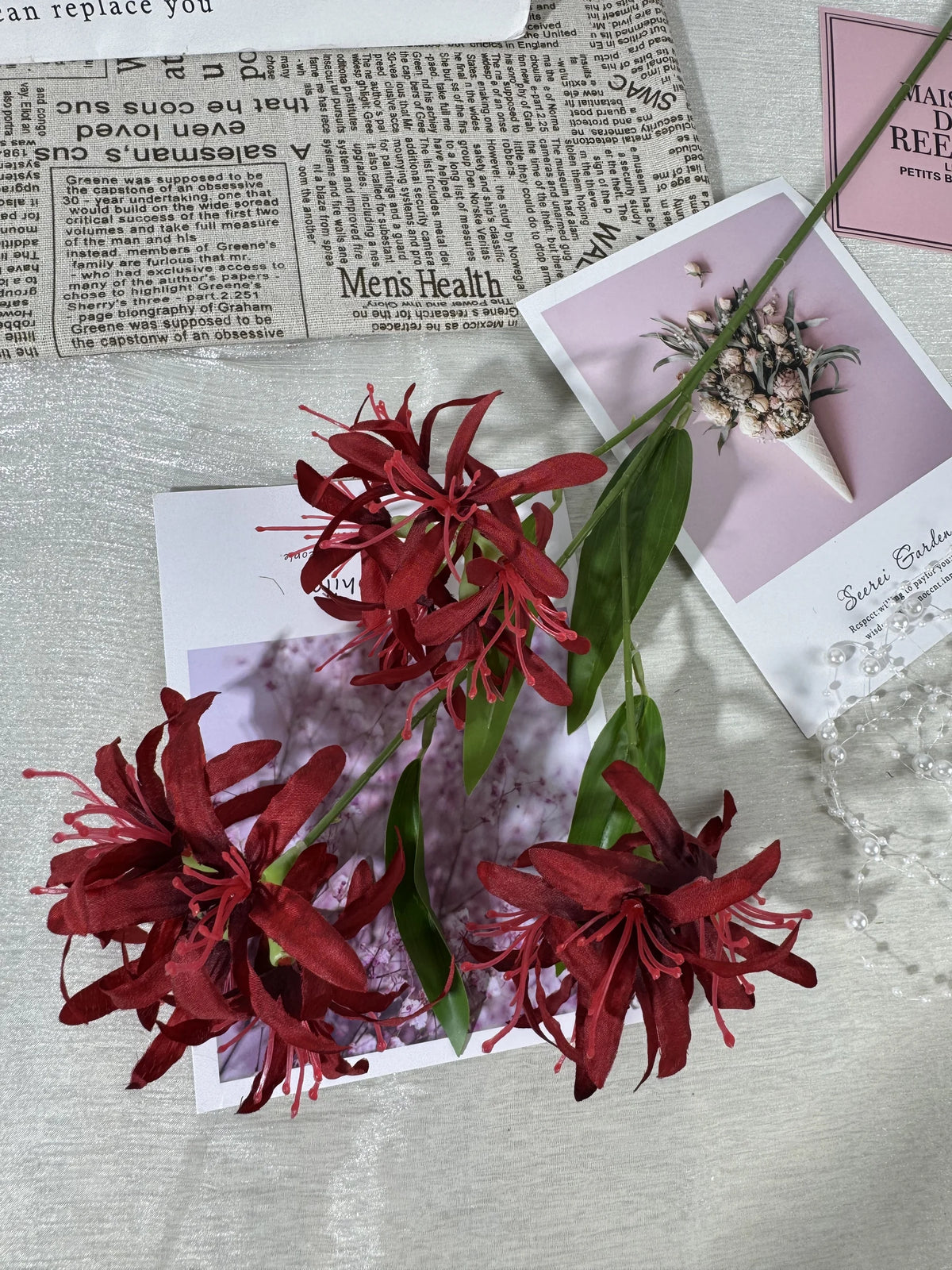 Crizantema artificiala cu tija, 3 flori, 85 cm, bordo, Ruyidecor