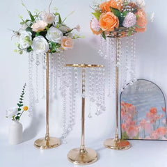 Set 4 suporturi decorative aurii cu cristale suspendate, pentru aranjamente florale elegante, înălțimi 70 cm sau 90 cm (fără flori)