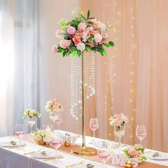 Set 4 suporturi decorative aurii cu cristale suspendate, pentru aranjamente florale elegante, înălțimi 70 cm sau 90 cm (fără flori)