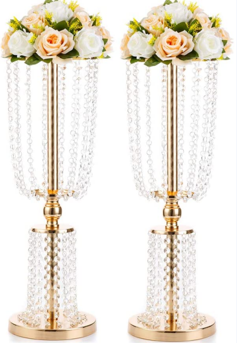 Set 4 suporturi decorative aurii cu cristale suspendate, pentru aranjamente florale elegante, înălțimi 60/80/100 cm (fără flori)