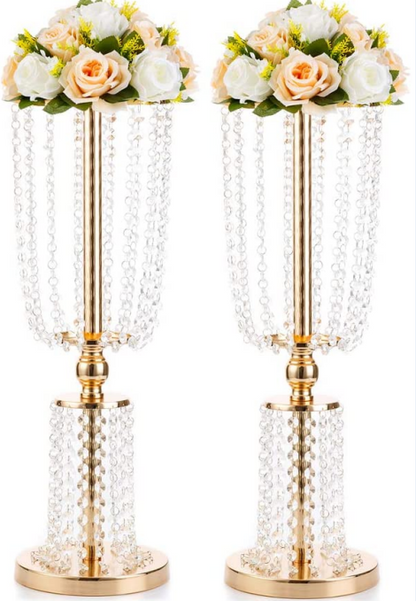 Set 4 suporturi decorative aurii cu cristale suspendate, pentru aranjamente florale elegante, înălțimi 60/80/100 cm (fără flori)