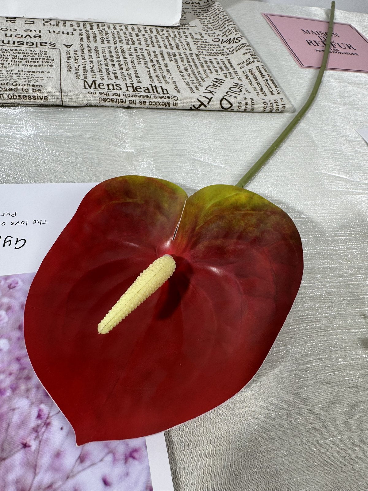 Floare anthurium artificiala cu tija, 65 cm, rosu, Ruyidecor