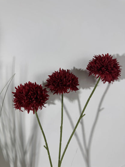 Floare artificiala tip pompon cu tija, 3 capete, 75 cm, bordo, Ruyidecor