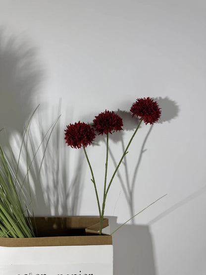 Floare artificiala tip pompon cu tija, 3 capete, 75 cm, bordo, Ruyidecor