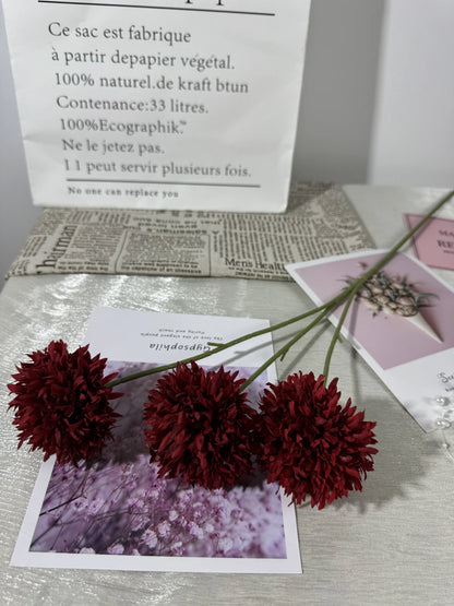 Floare artificiala tip pompon cu tija, 3 capete, 75 cm, bordo, Ruyidecor