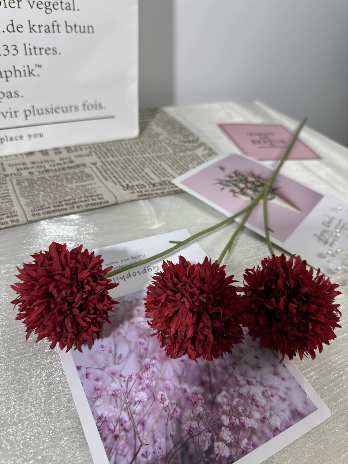 Floare artificiala tip pompon cu tija, 3 capete, 75 cm, bordo, Ruyidecor