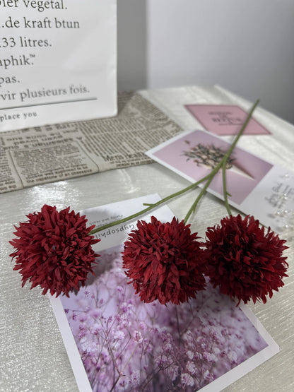 Floare artificiala tip pompon cu tija, 3 capete, 75 cm, bordo, Ruyidecor