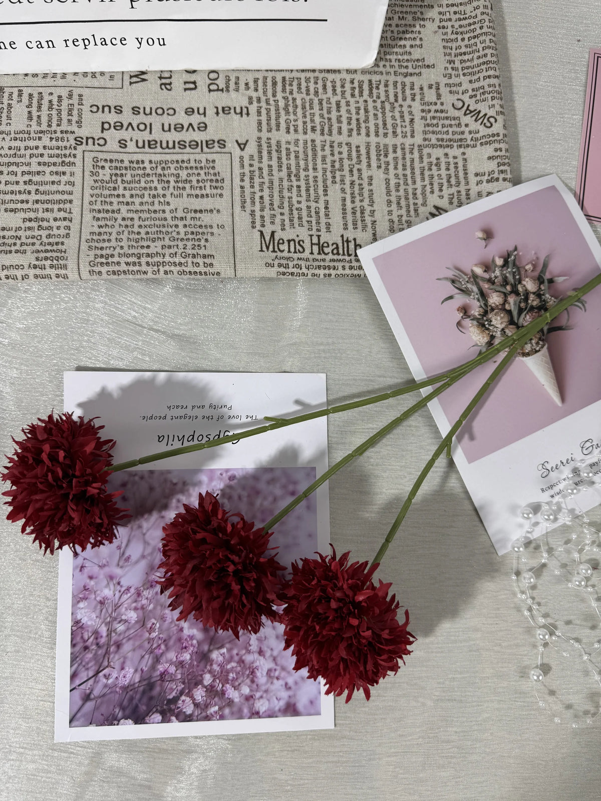 Floare artificiala tip pompon cu tija, 3 capete, 75 cm, bordo, Ruyidecor