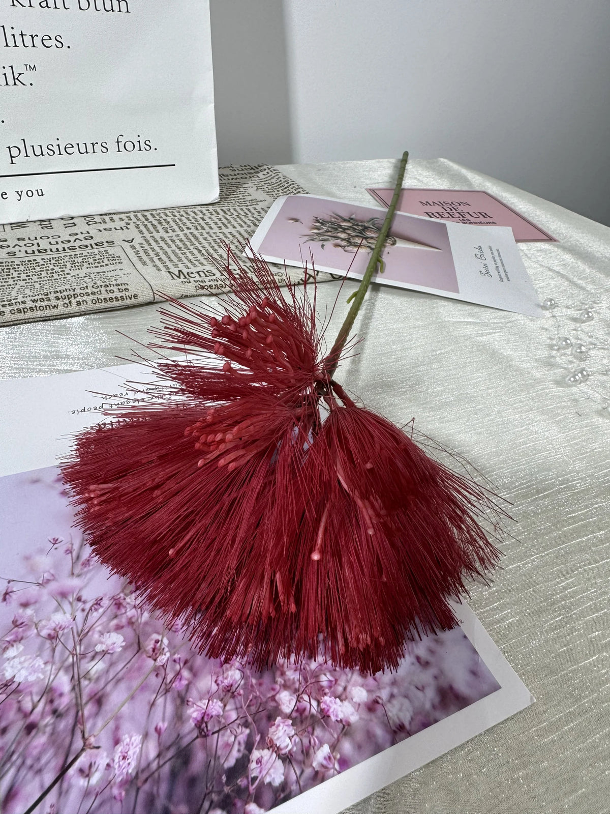 Floare artificiala tip pompon cu tija, 80 cm, bordo, Ruyidecor