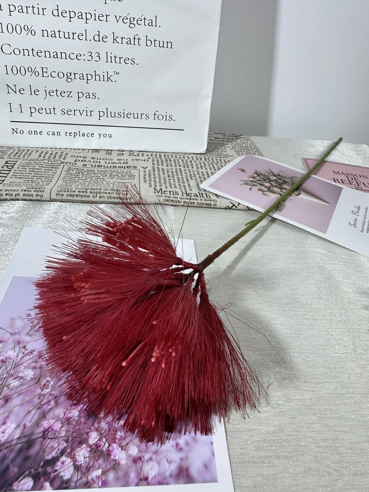 Floare artificiala tip pompon cu tija, 80 cm, bordo, Ruyidecor