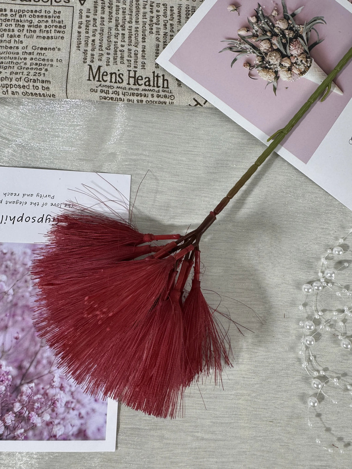 Floare artificiala tip pompon cu tija, 80 cm, bordo, Ruyidecor