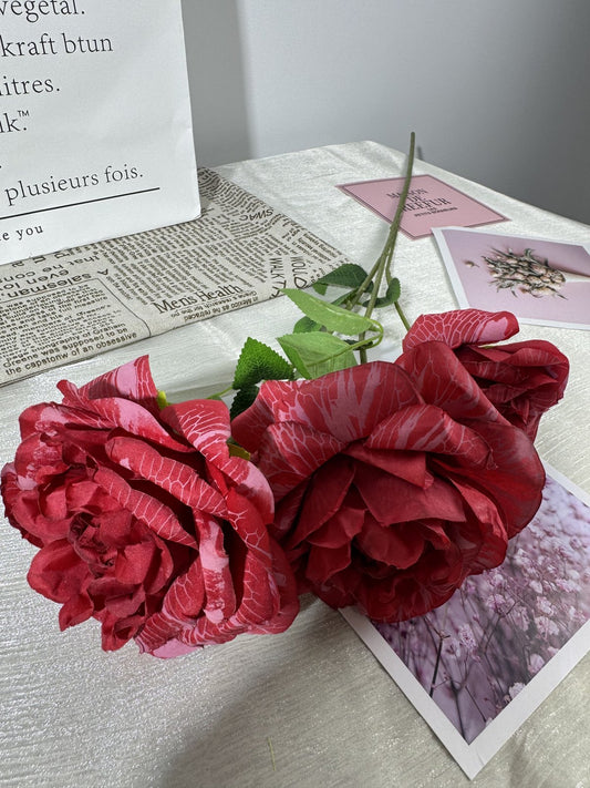 Floare bujor artificiala cu tija, 3 flori, 80 cm, rosu bordo, Ruyidecor