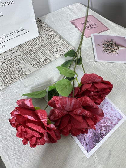 Floare bujor artificiala cu tija, 3 flori, 80 cm, rosu bordo, Ruyidecor
