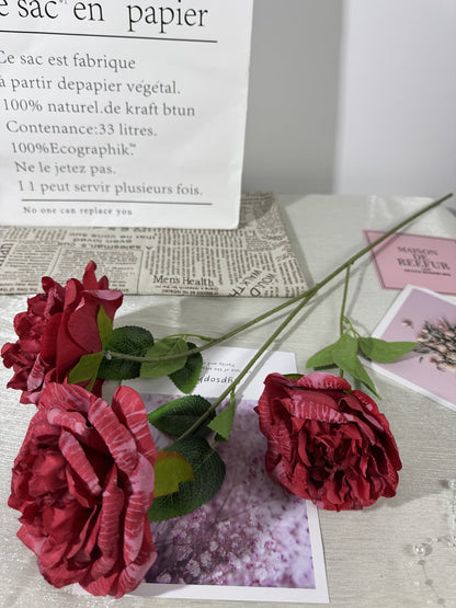 Floare bujor artificiala cu tija, 3 flori, 80 cm, rosu bordo, Ruyidecor