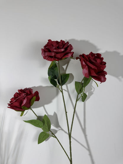 Floare bujor artificiala cu tija, 3 flori, 80 cm, rosu bordo, Ruyidecor