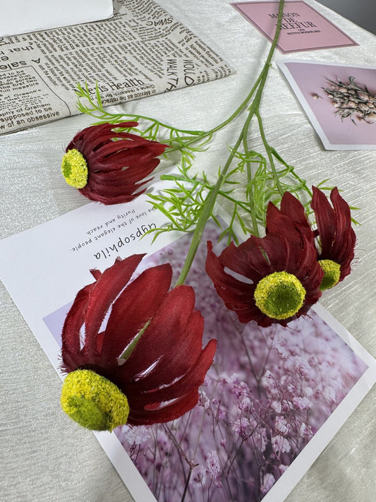 Floare cosmos artificiala cu tija, 4 flori, bordo, Ruyidecor