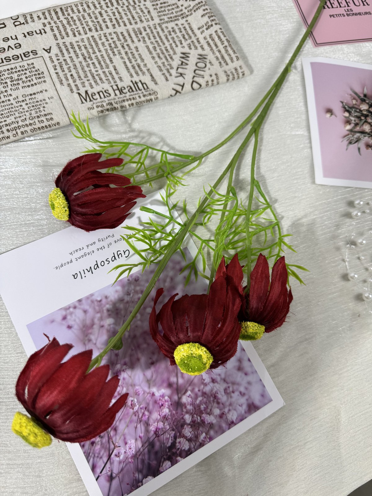 Floare cosmos artificiala cu tija, 4 flori, bordo, Ruyidecor