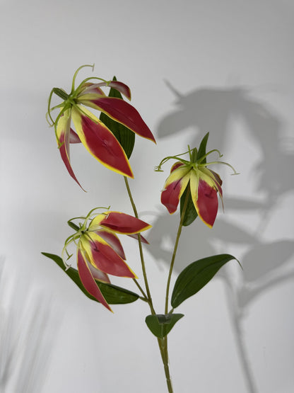 Floare gloriosa artificiala cu tija, 3 flori, rosu-galben, Ruyidecor