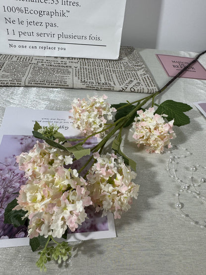 Floare hortensie artificiala cu tija, 5 flori, 85 cm, crem-roz, Ruyidecor