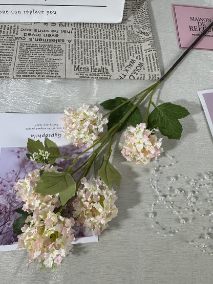Floare hortensie artificiala cu tija, 5 flori, 85 cm, crem-roz, Ruyidecor