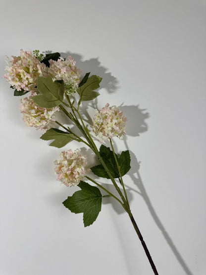 Floare hortensie artificiala cu tija, 5 flori, 85 cm, crem-roz, Ruyidecor