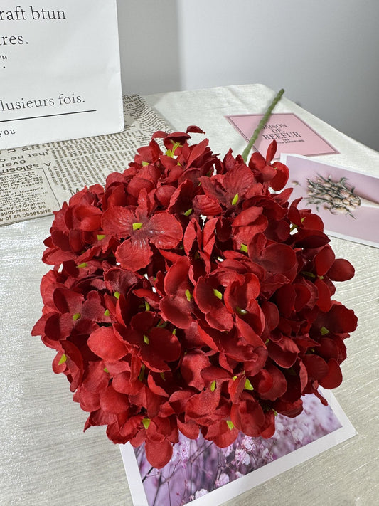 Floare hortensie artificiala cu tija, 85 cm, rosu bordo, Ruyidecor