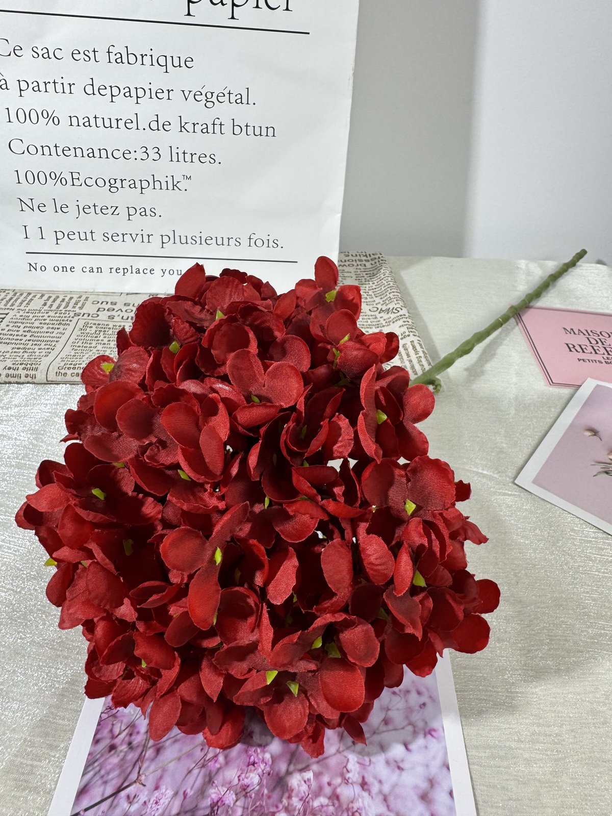 Floare hortensie artificiala cu tija, 85 cm, rosu bordo, Ruyidecor