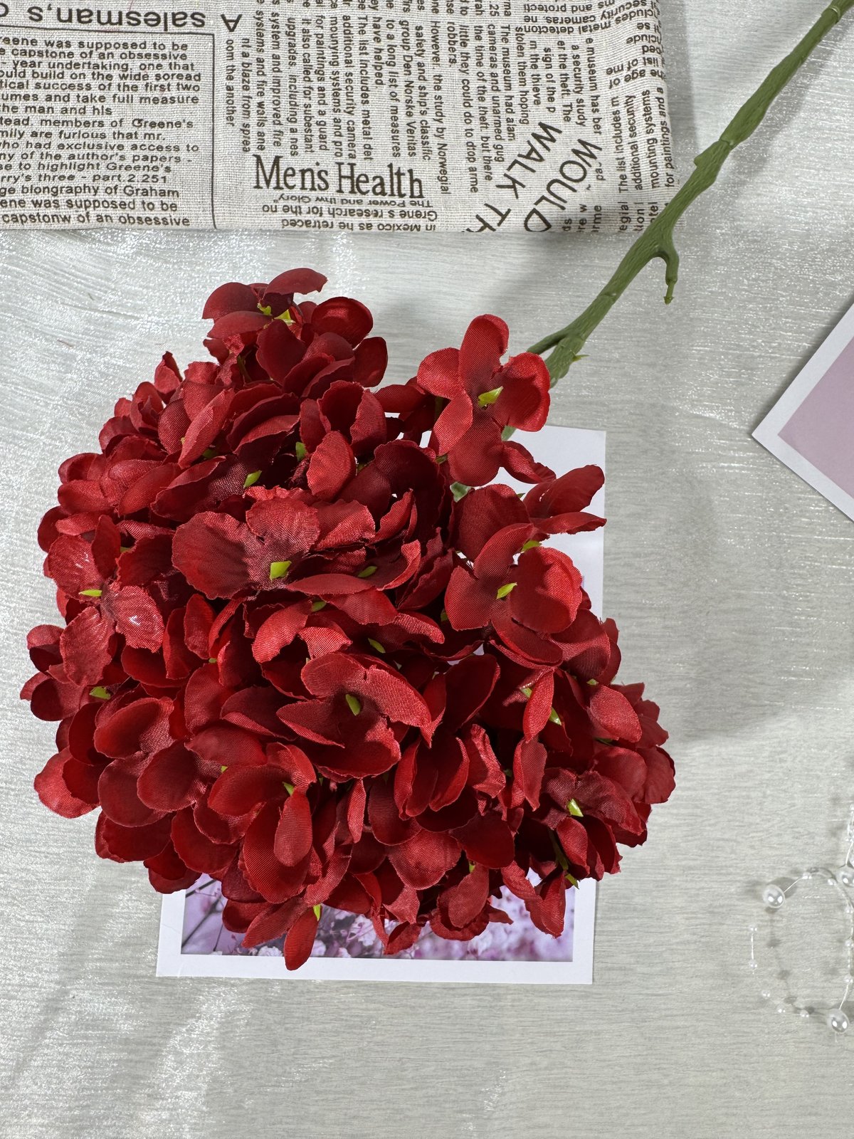 Floare hortensie artificiala cu tija, 85 cm, rosu bordo, Ruyidecor