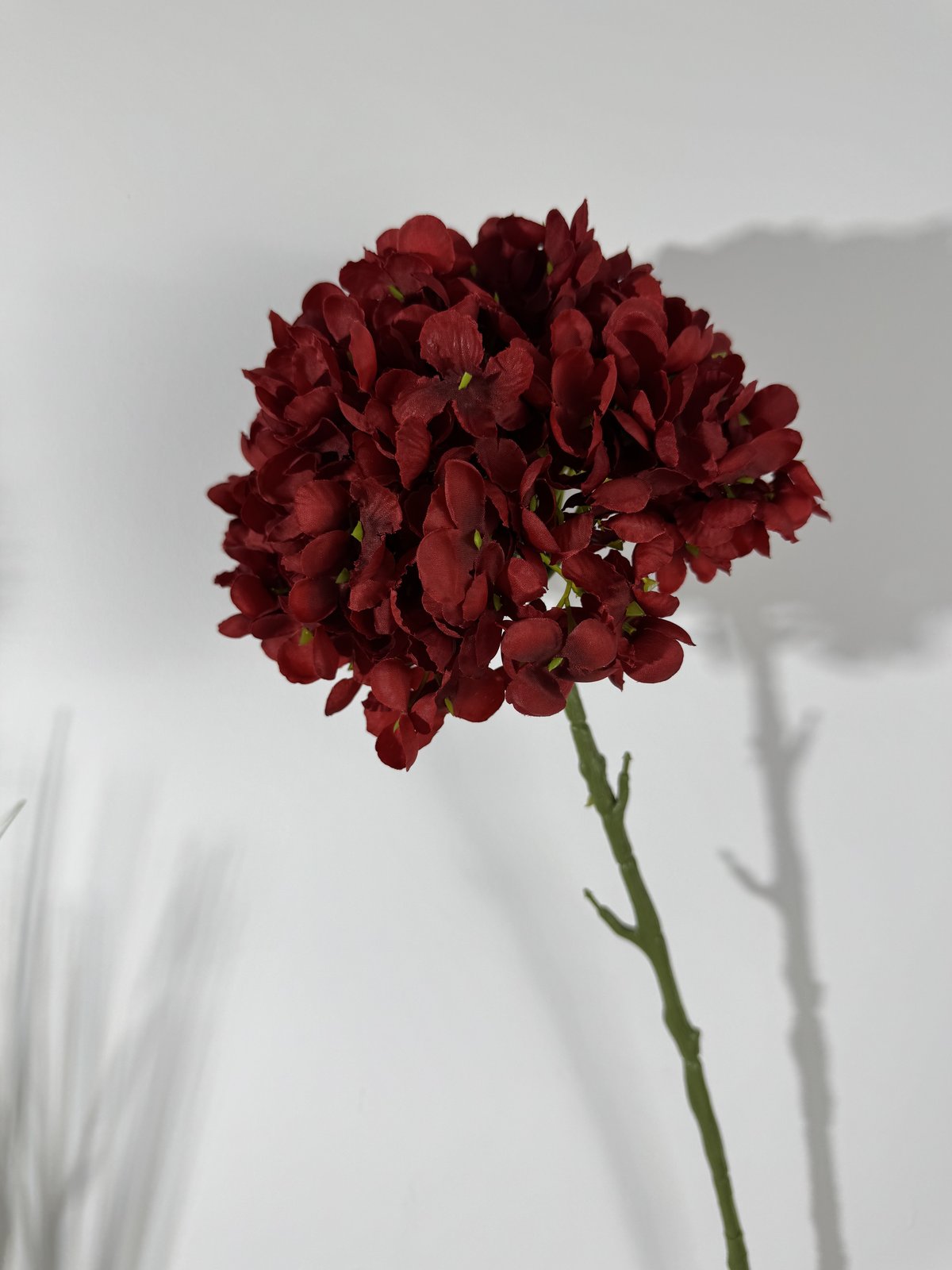 Floare hortensie artificiala cu tija, 85 cm, rosu bordo, Ruyidecor