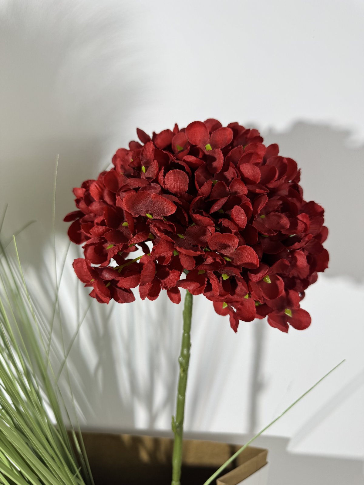 Floare hortensie artificiala cu tija, 85 cm, rosu bordo, Ruyidecor