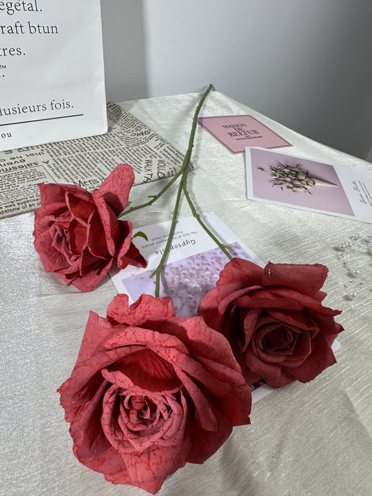 Floare trandafir artificiala cu tija, 3 flori, rosu, Ruyidecor
