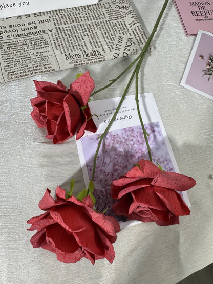 Floare trandafir artificiala cu tija, 3 flori, rosu, Ruyidecor