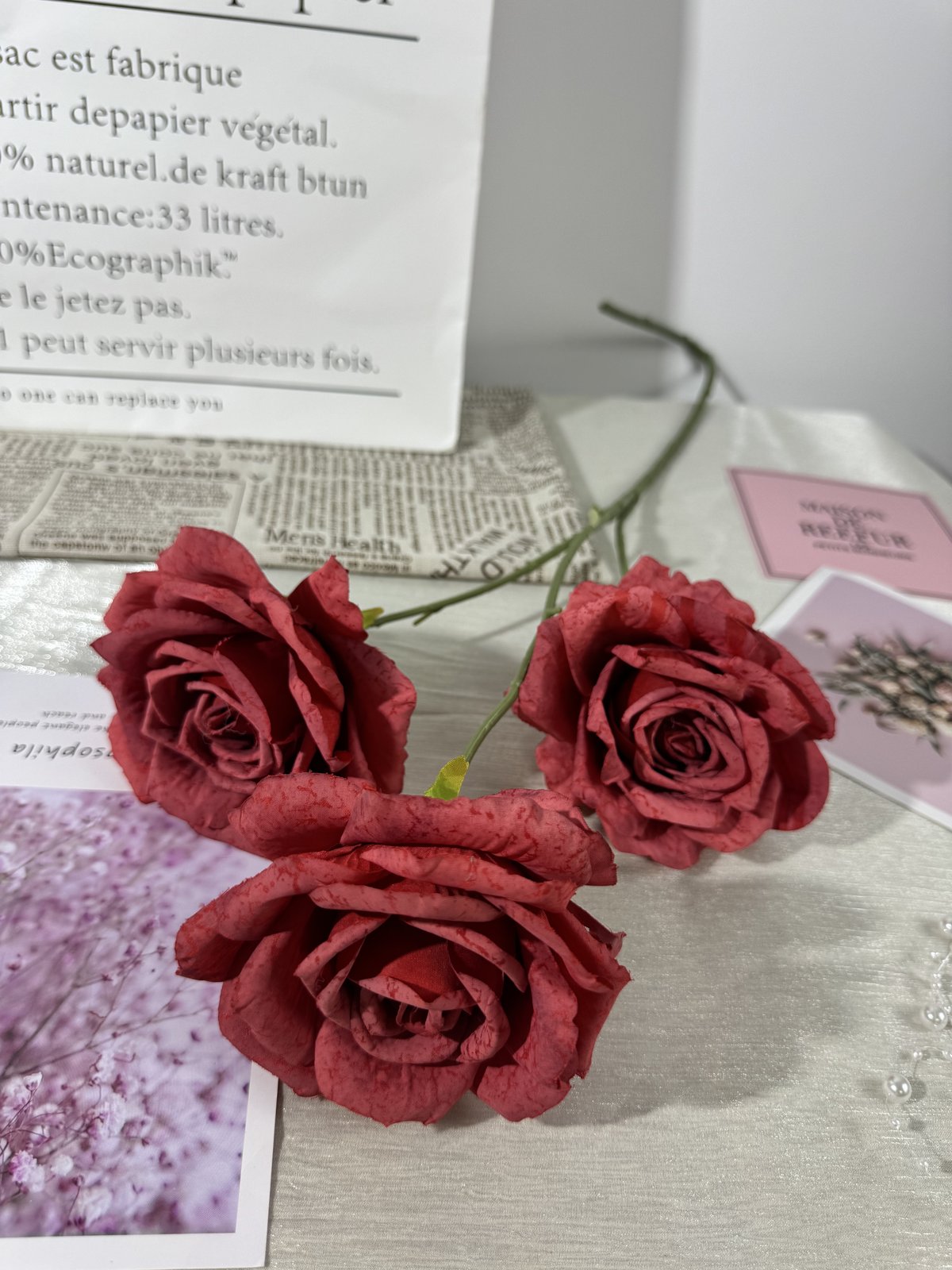 Floare trandafir artificiala cu tija, 3 flori, rosu, Ruyidecor