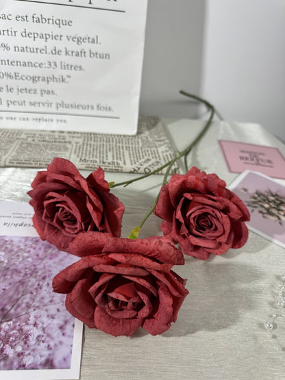 Floare trandafir artificiala cu tija, 3 flori, rosu, Ruyidecor