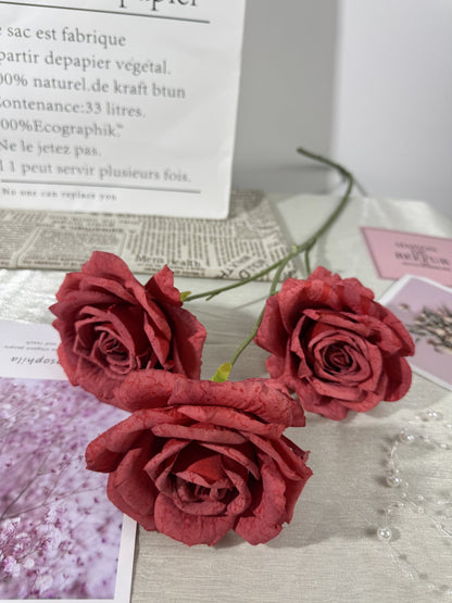 Floare trandafir artificiala cu tija, 3 flori, rosu, Ruyidecor