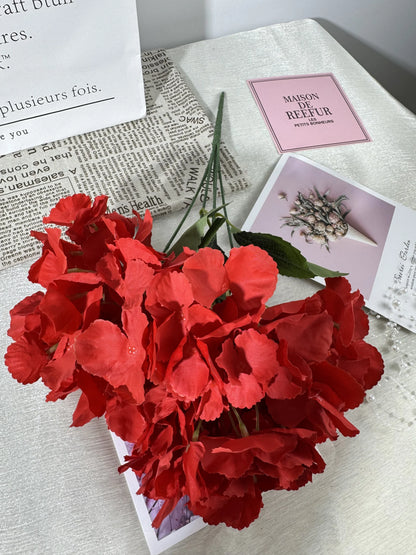 Hortensie artificiala cu tija, 5 flori, 45 cm, rosu, Ruyidecor